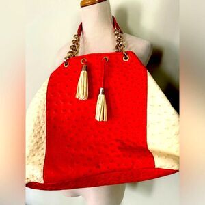 [Victor Hugo] Orange Large Leather Tassel Satchel Tote